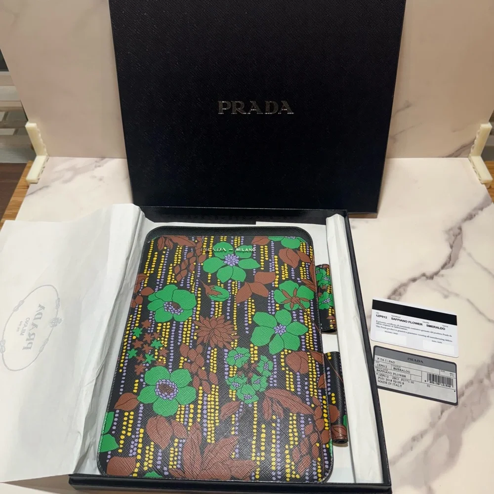 Prada Saffiano Leather Flower Print iPad Tablet Case New